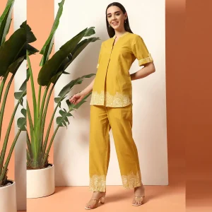 Women's Designer Print Co-Ord Set, Mustard Floral Kurta Sets - Image 5