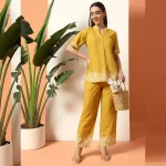 Women's Designer Print Co-Ord Set, Mustard Floral Kurta Sets