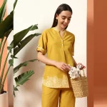 Women's Designer Print Co-Ord Set, Mustard Floral Kurta Sets - Image 2