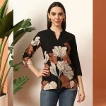 Women's Floral Print Cotton Top, With Black V-Neck, 3/4 Sleeve - Image 2