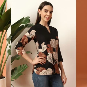 Women's Floral Print Cotton Top, With Black V-Neck, 3/4 Sleeve - Image 3