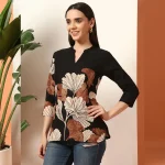 Women's Floral Print Cotton Top, With Black V-Neck, 3/4 Sleeve - Image 4