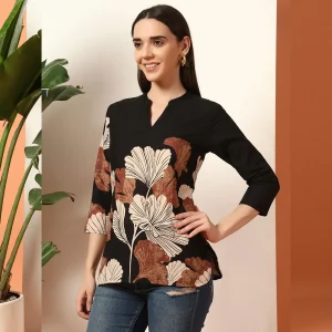 Women's Floral Print Cotton Top, With Black V-Neck, 3/4 Sleeve - Image 4
