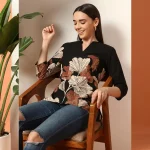 Women's Floral Print Cotton Top, With Black V-Neck, 3/4 Sleeve