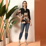 Women's Floral Print Cotton Top, With Black V-Neck, 3/4 Sleeve - Image 6