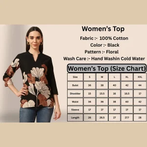 Women's Floral Print Cotton Top, With Black V-Neck, 3/4 Sleeve - Image 9