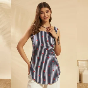 Beautiful Blue Striped & Heart Print Slim Fit Cotton Kurti / Tunic - Image 7
