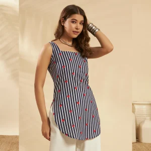 Beautiful Blue Striped & Heart Print Slim Fit Cotton Kurti / Tunic - Image 6
