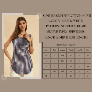 Beautiful Blue Striped & Heart Print Slim Fit Cotton Kurti / Tunic - Image 9