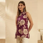 Beautiful Wine Floral Print Cotton Kurti Slim Fit Tunic - Image 3