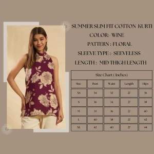Beautiful Wine Floral Print Cotton Kurti Slim Fit Tunic - Image 9