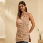 Beige Floral Print Slim Fit Cotton Kurti For Women - Image 3