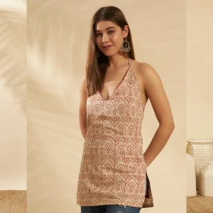 Beige Floral Print Slim Fit Cotton Kurti For Women - Image 3
