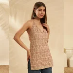 Beige Floral Print Slim Fit Cotton Kurti For Women - Image 4