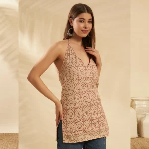 Beige Floral Print Slim Fit Cotton Kurti For Women - Image 4