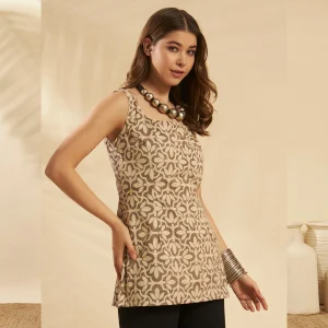Brown Beige Floral Cotton Casual & Festive Kurti - Image 4