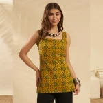 Floral Cotton Sleeveless Kurti Women Short Top Olive Green - Image 2