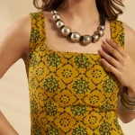 Floral Cotton Sleeveless Kurti Women Short Top Olive Green - Image 4