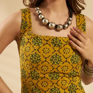 Floral Cotton Sleeveless Kurti Women Short Top Olive Green - Image 4