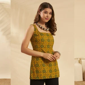 Floral Cotton Sleeveless Kurti Women Short Top Olive Green - Image 5