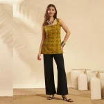 Floral Cotton Sleeveless Kurti Women Short Top Olive Green - Image 8