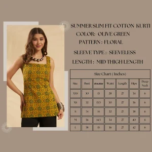 Floral Cotton Sleeveless Kurti Women Short Top Olive Green - Image 9