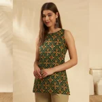 Green Cotton Ikat Sleeveless Kurti Summer Tunic Top