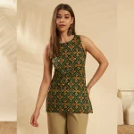 Green Cotton Ikat Sleeveless Kurti Summer Tunic Top - Image 2