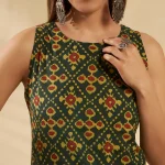 Green Cotton Ikat Sleeveless Kurti Summer Tunic Top - Image 3
