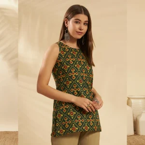 Green Cotton Ikat Sleeveless Kurti Summer Tunic Top - Image 4