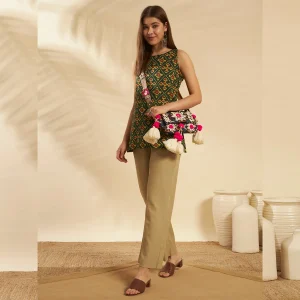 Green Cotton Ikat Sleeveless Kurti Summer Tunic Top - Image 5