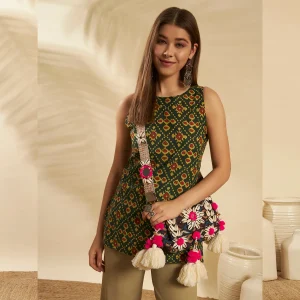 Green Cotton Ikat Sleeveless Kurti Summer Tunic Top - Image 6