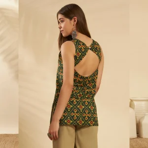 Green Cotton Ikat Sleeveless Kurti Summer Tunic Top - Image 7