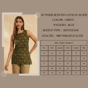 Green Cotton Ikat Sleeveless Kurti Summer Tunic Top - Image 9