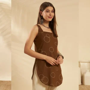 Handmade Brown Geometric Print Kurita Women Slim Fit Cotton Kurti - Image 3