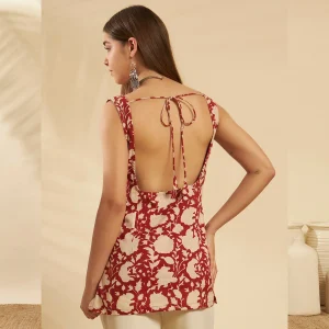 Indian red Floral Print Cotton Kurti Dress - Image 4