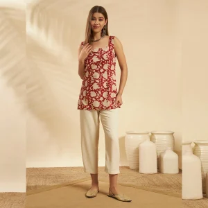 Indian red Floral Print Cotton Kurti Dress - Image 5