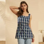 Indigo Blue Sleeveless Paisley Kurti Square Neck Summer Cotton Tunic