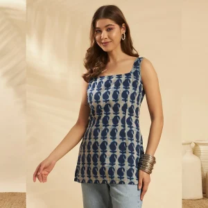 Indigo Blue Sleeveless Paisley Kurti Square Neck Summer Cotton Tunic - Image 3