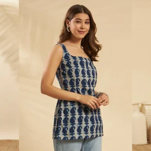 Indigo Blue Sleeveless Paisley Kurti Square Neck Summer Cotton Tunic - Image 4