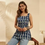 Indigo Blue Sleeveless Paisley Kurti Square Neck Summer Cotton Tunic - Image 2