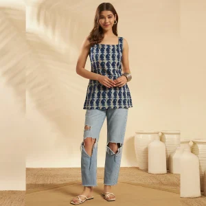 Indigo Blue Sleeveless Paisley Kurti Square Neck Summer Cotton Tunic - Image 8