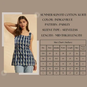 Indigo Blue Sleeveless Paisley Kurti Square Neck Summer Cotton Tunic - Image 9