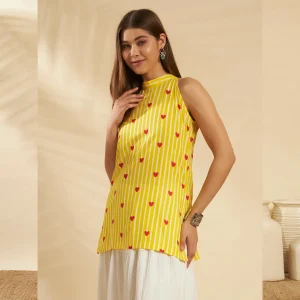 JAIPUR HAND BLOCK Women Cotton Kurti Yellow Striped & Heart - Image 3