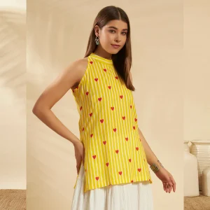 JAIPUR HAND BLOCK Women Cotton Kurti Yellow Striped & Heart - Image 5