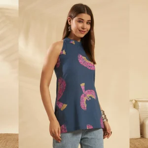 Luxury Blue Eagle Print Cotton Fabric Kurta For Women - Image 4