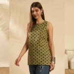 New Green Cotton Sleeveless Kurti Floral Summer Tunic Top - Image 2