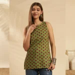 New Green Cotton Sleeveless Kurti Floral Summer Tunic Top - Image 3