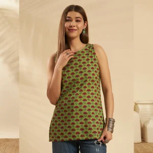 New Green Cotton Sleeveless Kurti Floral Summer Tunic Top - Image 3