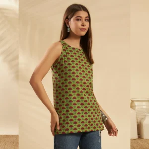 New Green Cotton Sleeveless Kurti Floral Summer Tunic Top - Image 7